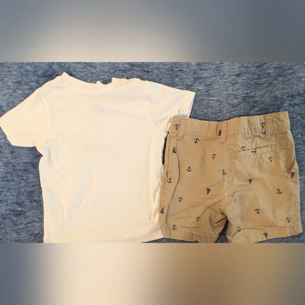 White Tee and Tan Anchor Print Shorts Kids Matching Set